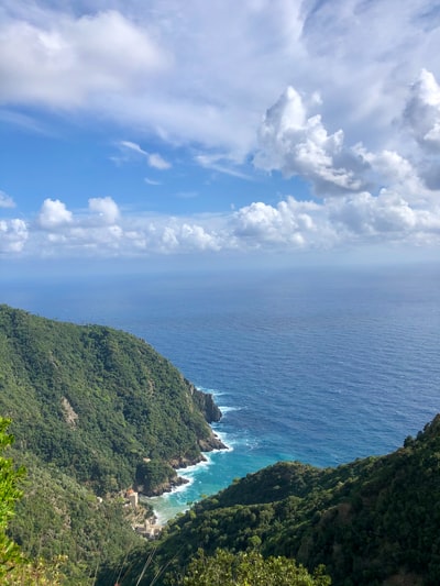 白天蓝天白云下，碧水旁的青山